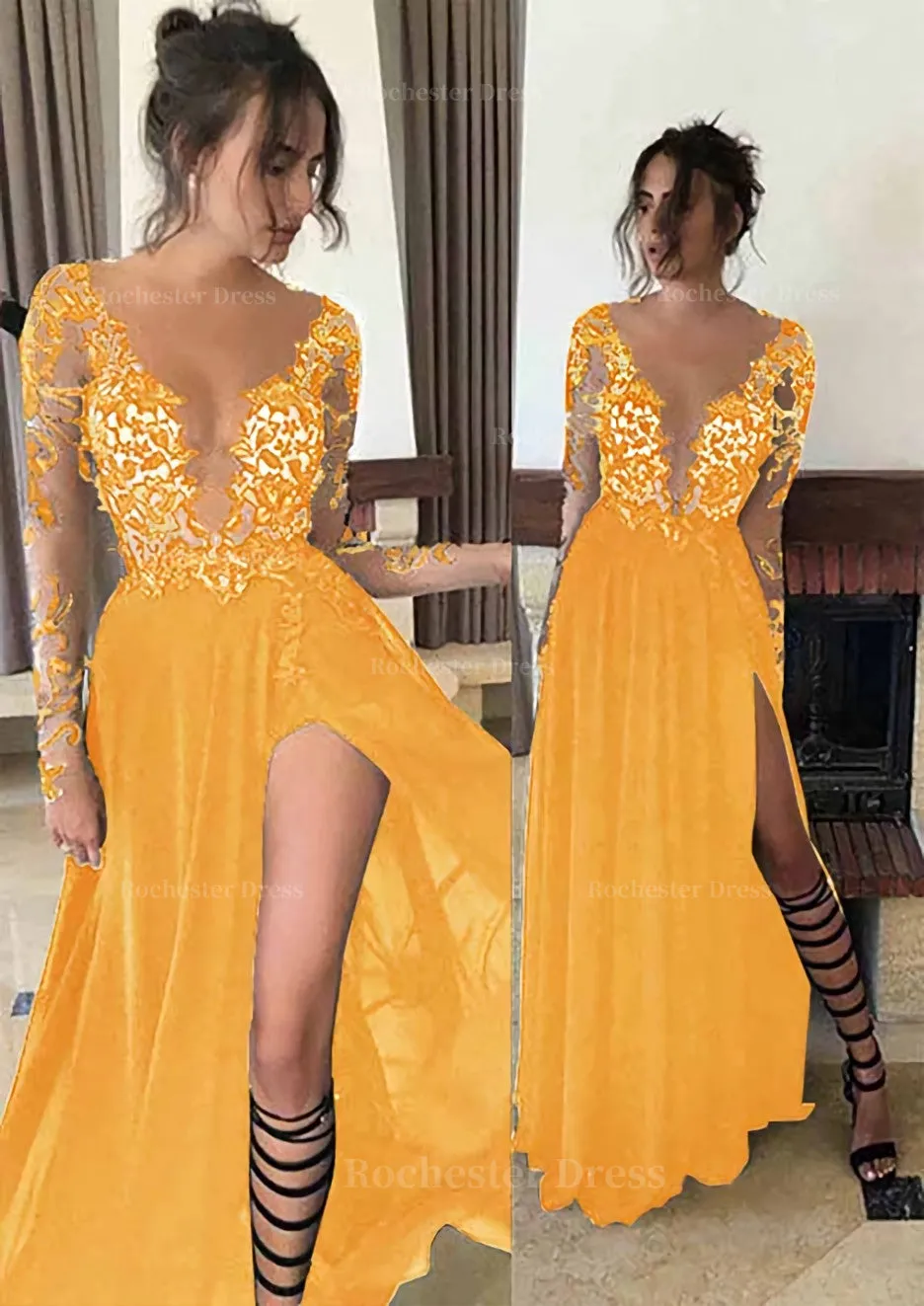 Chiffon Long/Floor-Length A-Line/Princess Full/Long Sleeve Bateau Zipper Up At Side Prom Dress With Appliqued