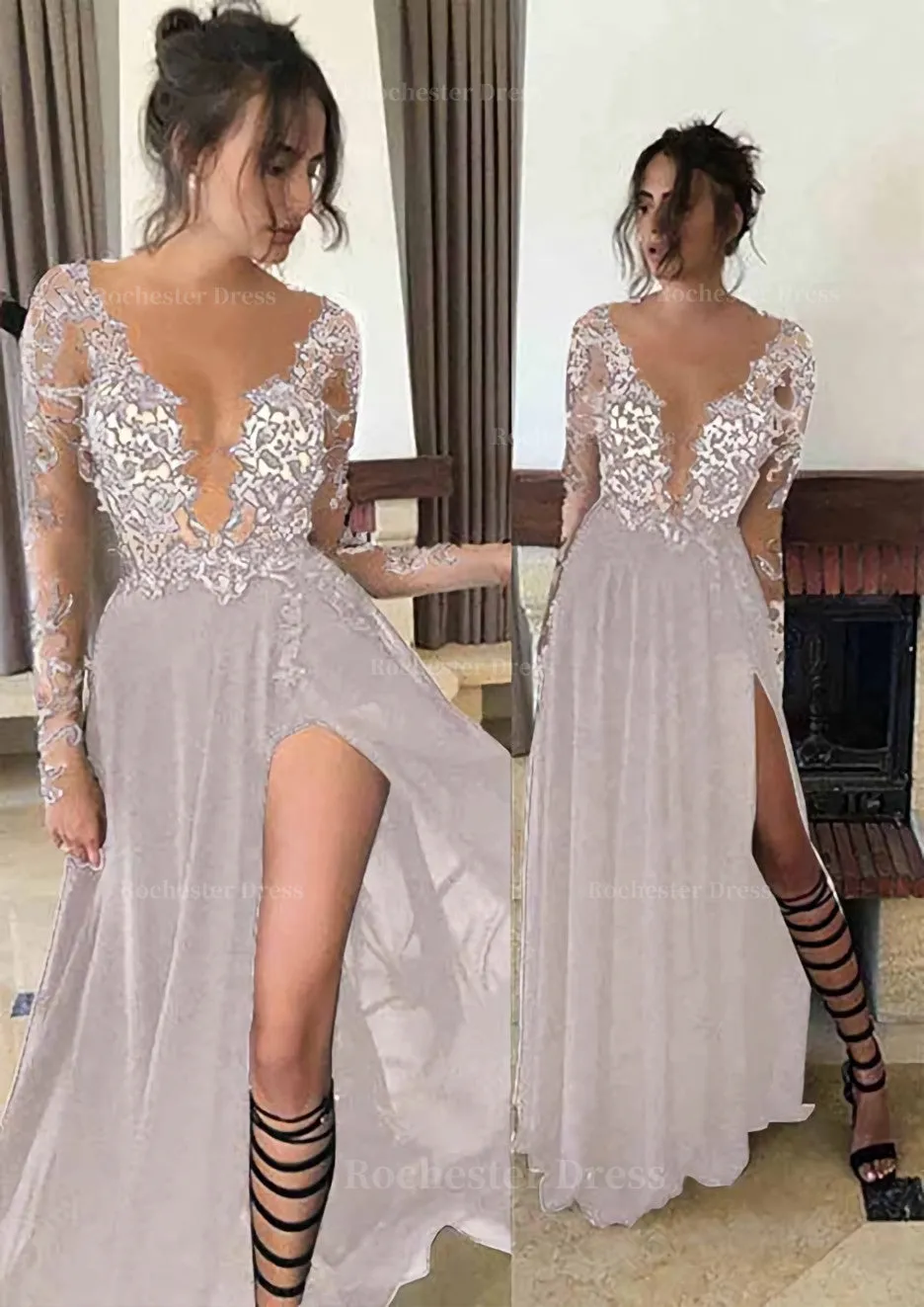 Chiffon Long/Floor-Length A-Line/Princess Full/Long Sleeve Bateau Zipper Up At Side Prom Dress With Appliqued