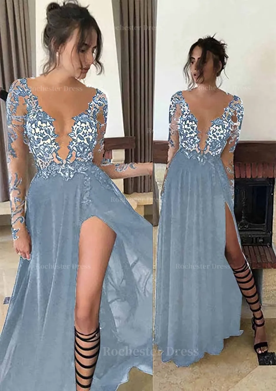 Chiffon Long/Floor-Length A-Line/Princess Full/Long Sleeve Bateau Zipper Up At Side Prom Dress With Appliqued