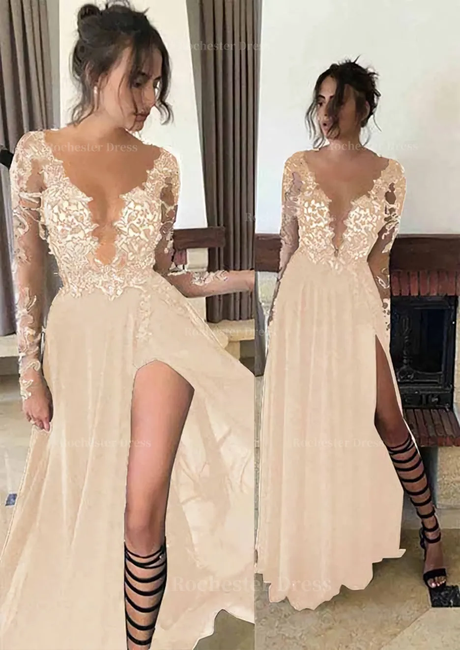 Chiffon Long/Floor-Length A-Line/Princess Full/Long Sleeve Bateau Zipper Up At Side Prom Dress With Appliqued
