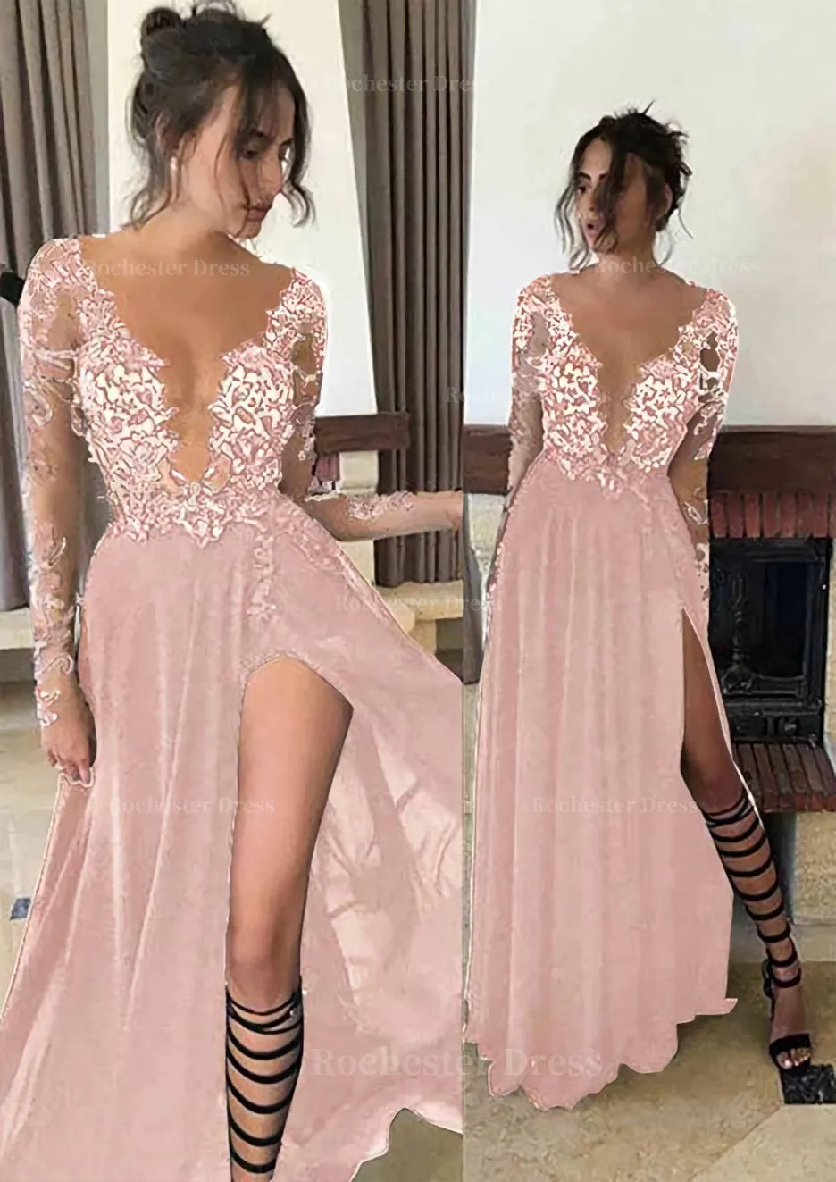 Chiffon Long/Floor-Length A-Line/Princess Full/Long Sleeve Bateau Zipper Up At Side Prom Dress With Appliqued