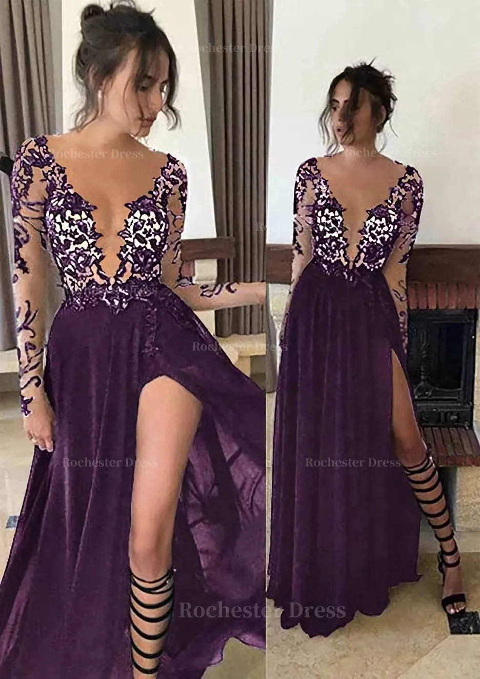 Chiffon Long/Floor-Length A-Line/Princess Full/Long Sleeve Bateau Zipper Up At Side Prom Dress With Appliqued