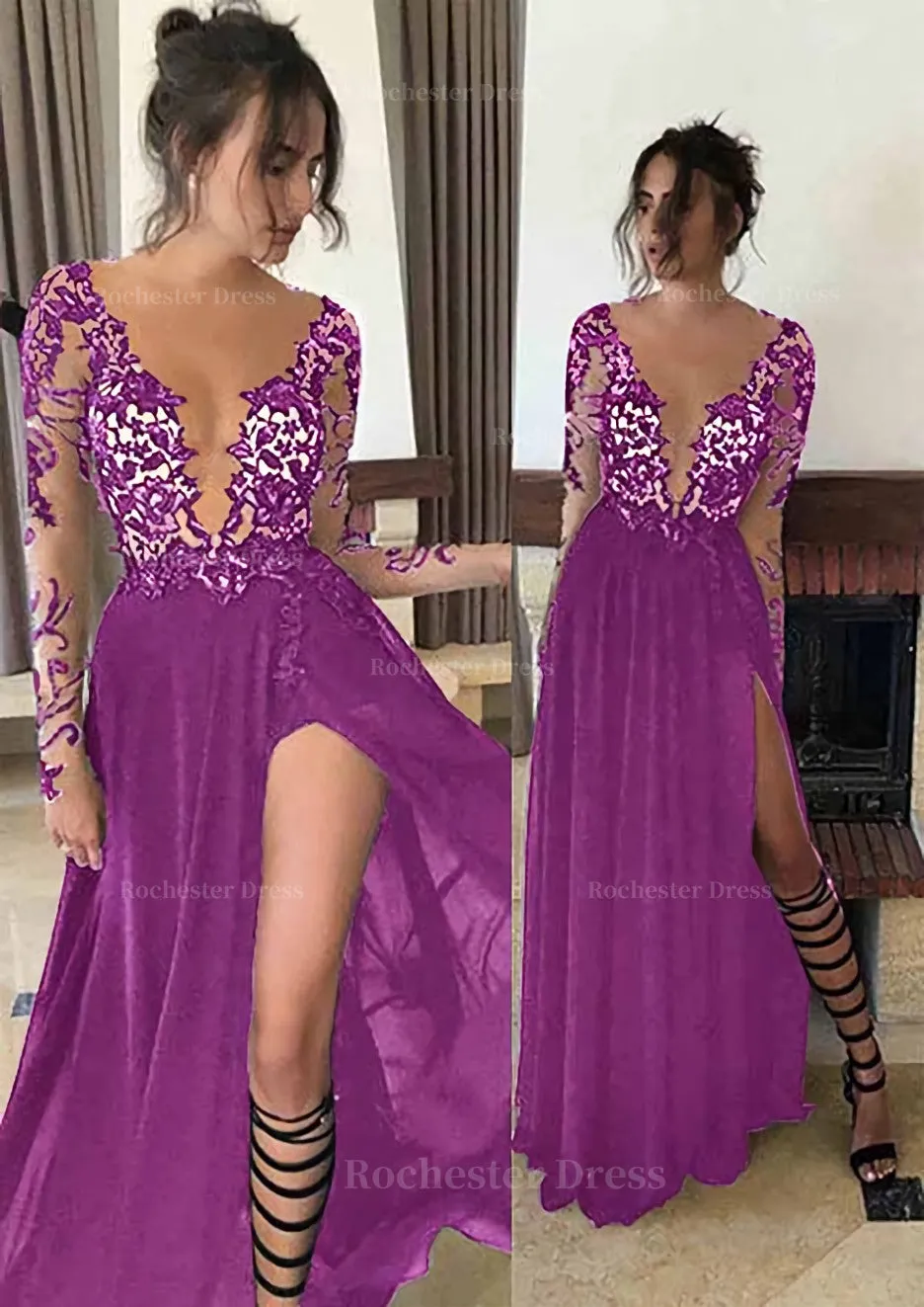 Chiffon Long/Floor-Length A-Line/Princess Full/Long Sleeve Bateau Zipper Up At Side Prom Dress With Appliqued