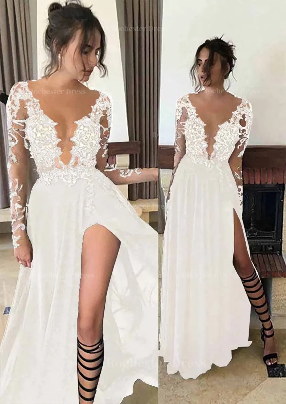 Chiffon Long/Floor-Length A-Line/Princess Full/Long Sleeve Bateau Zipper Up At Side Prom Dress With Appliqued