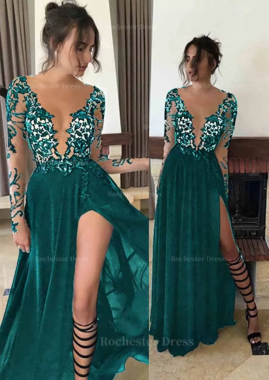 Chiffon Long/Floor-Length A-Line/Princess Full/Long Sleeve Bateau Zipper Up At Side Prom Dress With Appliqued