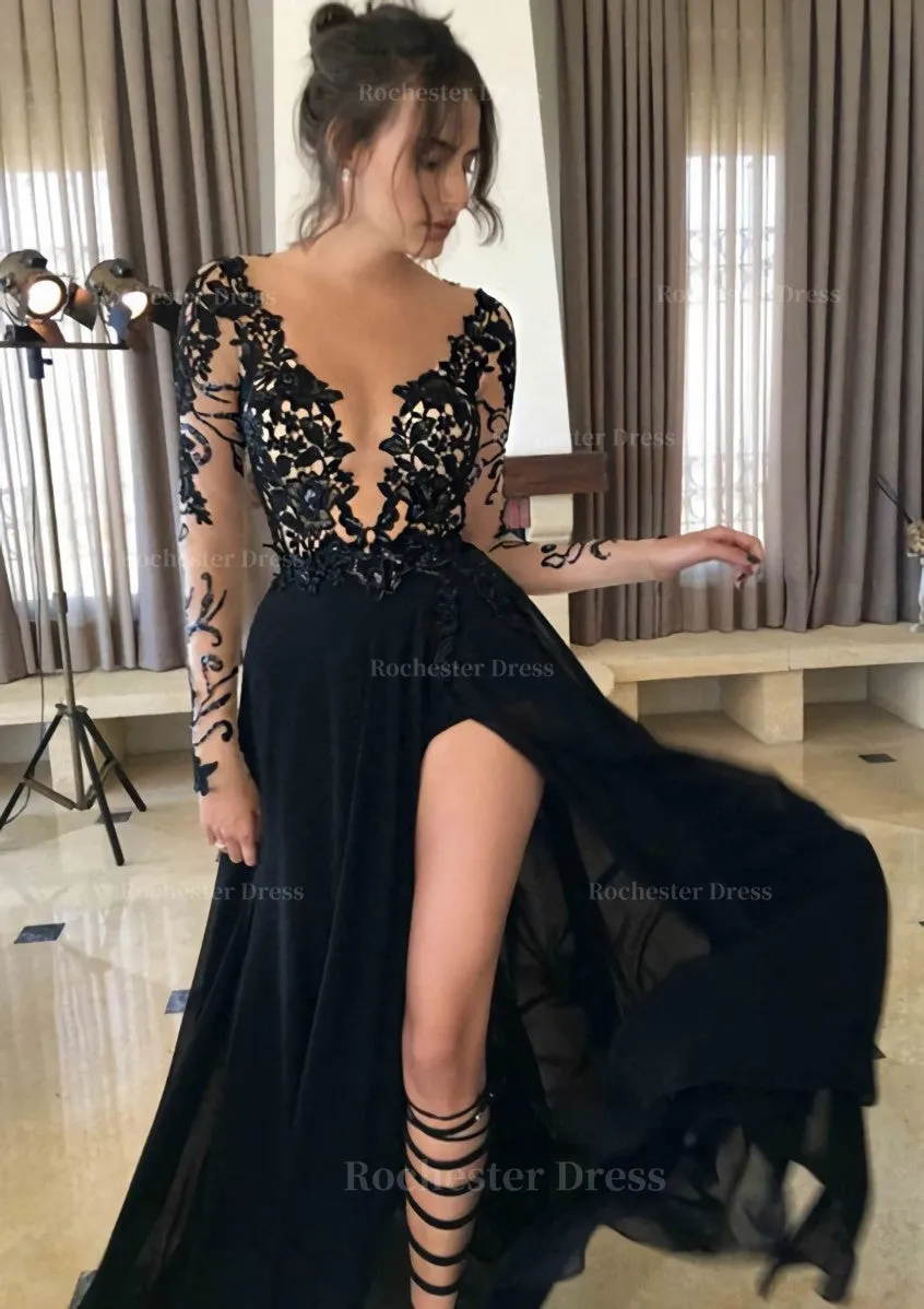 Chiffon Long/Floor-Length A-Line/Princess Full/Long Sleeve Bateau Zipper Up At Side Prom Dress With Appliqued