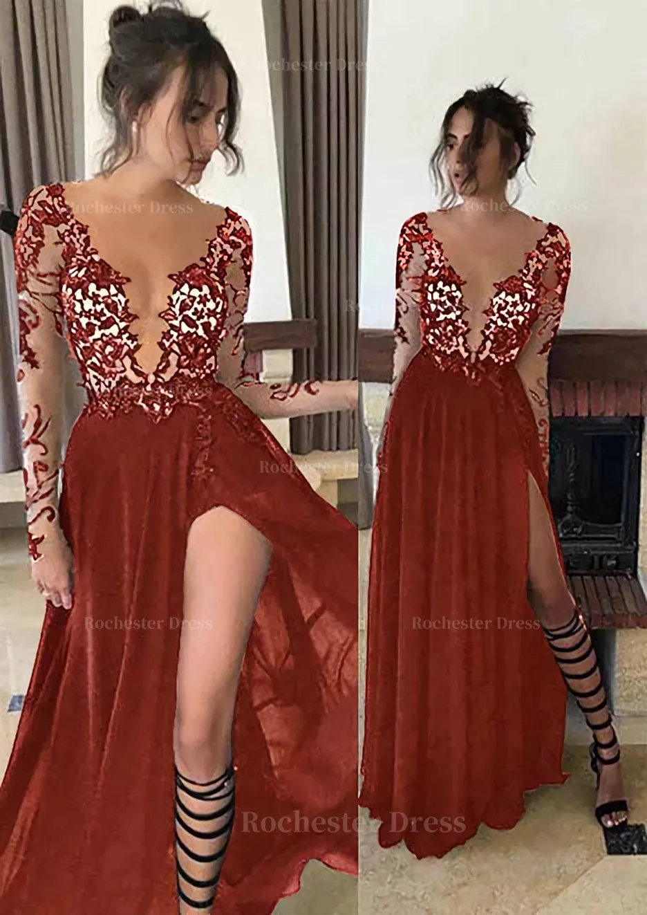 Chiffon Long/Floor-Length A-Line/Princess Full/Long Sleeve Bateau Zipper Up At Side Prom Dress With Appliqued