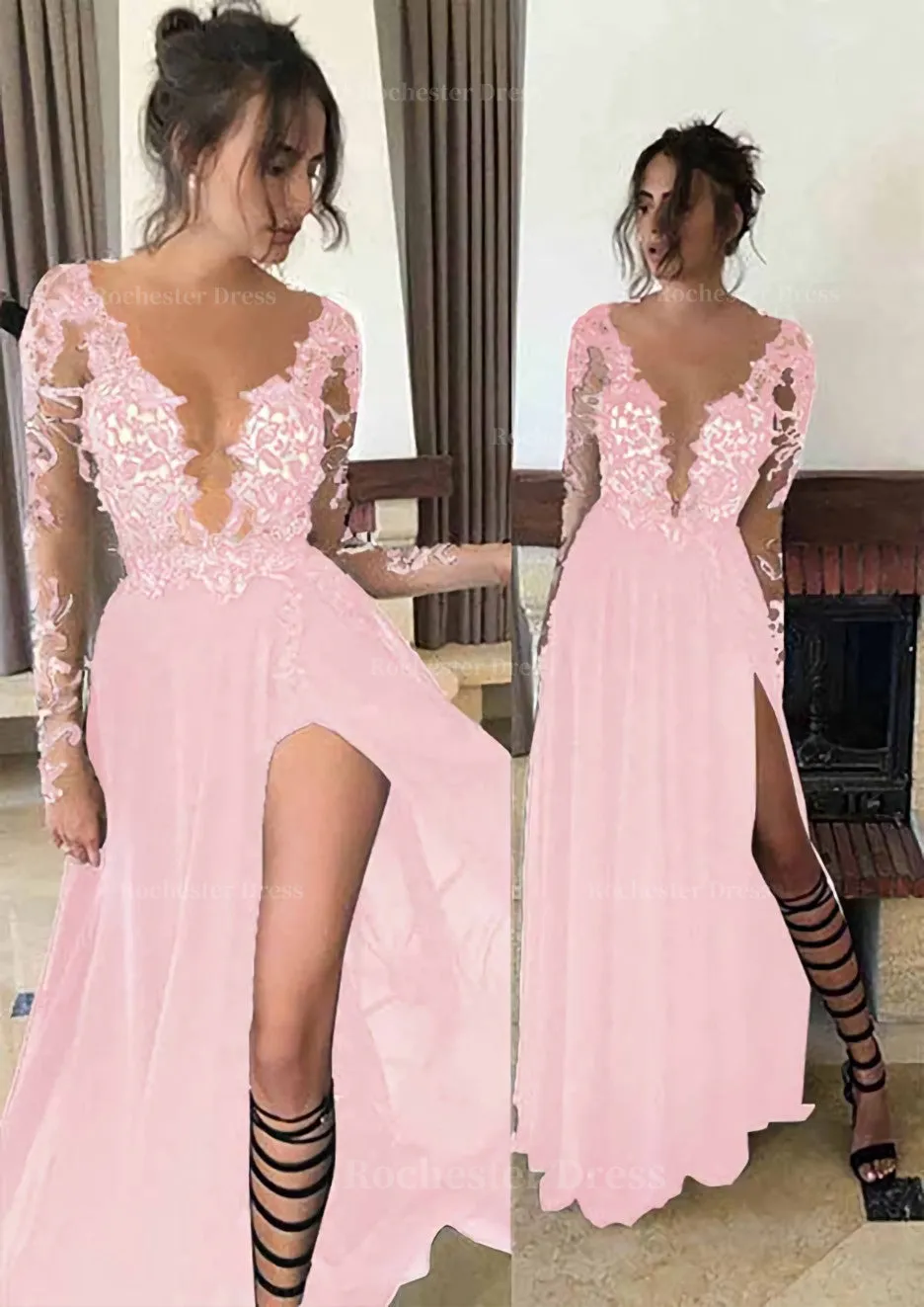Chiffon Long/Floor-Length A-Line/Princess Full/Long Sleeve Bateau Zipper Up At Side Prom Dress With Appliqued