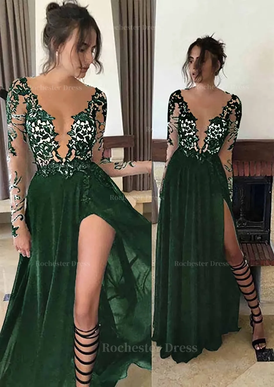 Chiffon Long/Floor-Length A-Line/Princess Full/Long Sleeve Bateau Zipper Up At Side Prom Dress With Appliqued