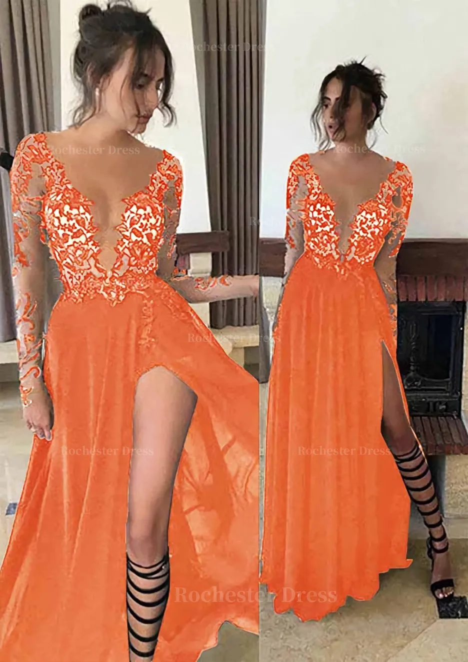 Chiffon Long/Floor-Length A-Line/Princess Full/Long Sleeve Bateau Zipper Up At Side Prom Dress With Appliqued