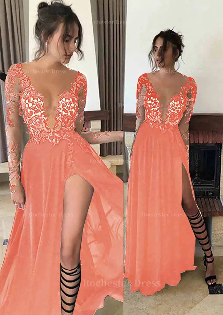 Chiffon Long/Floor-Length A-Line/Princess Full/Long Sleeve Bateau Zipper Up At Side Prom Dress With Appliqued