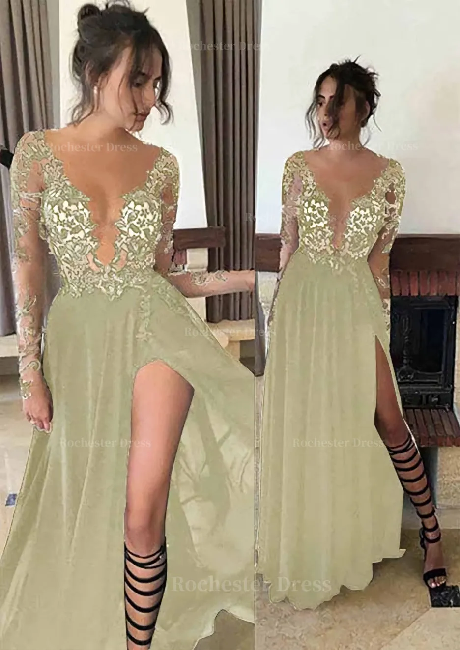Chiffon Long/Floor-Length A-Line/Princess Full/Long Sleeve Bateau Zipper Up At Side Prom Dress With Appliqued