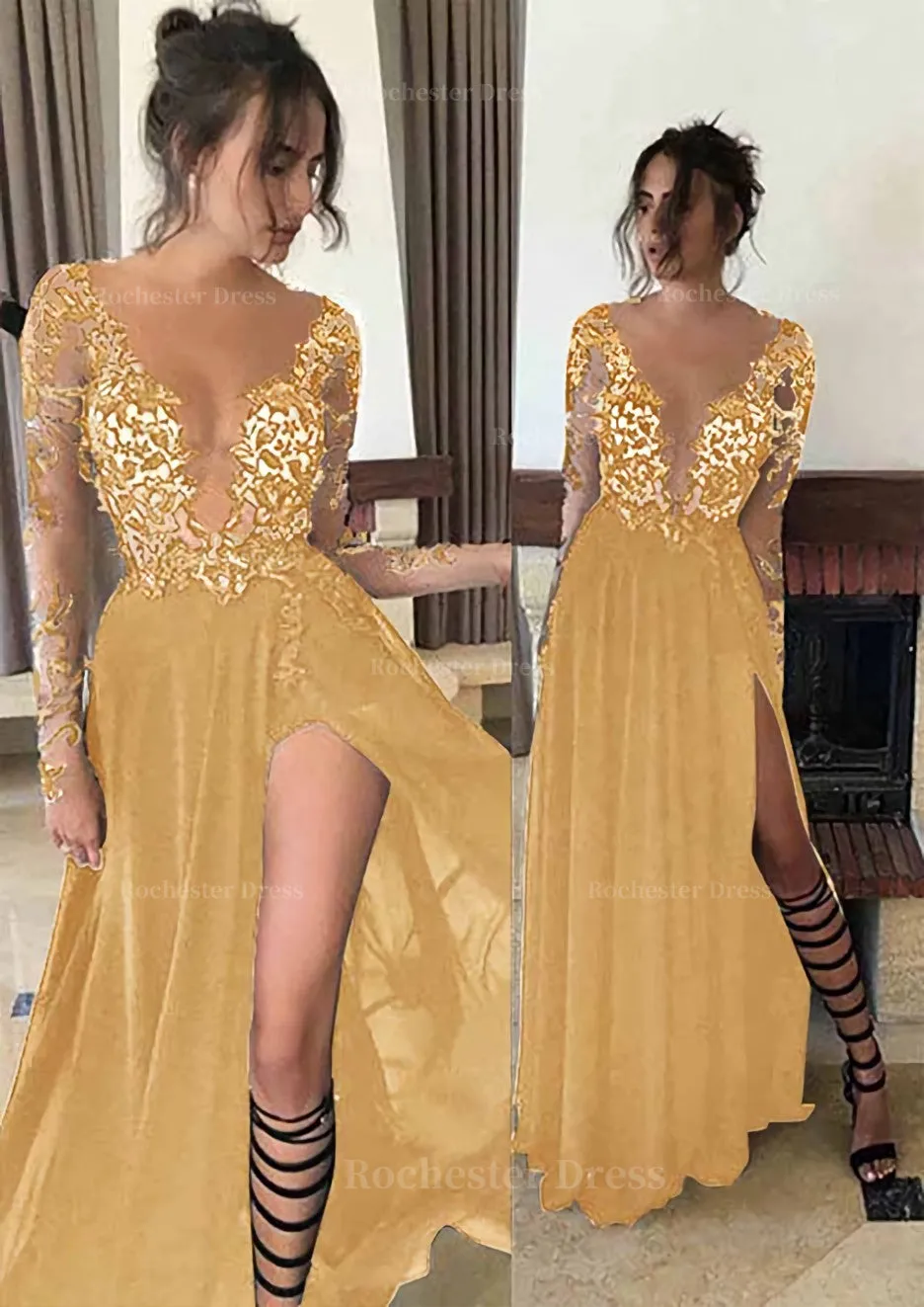 Chiffon Long/Floor-Length A-Line/Princess Full/Long Sleeve Bateau Zipper Up At Side Prom Dress With Appliqued