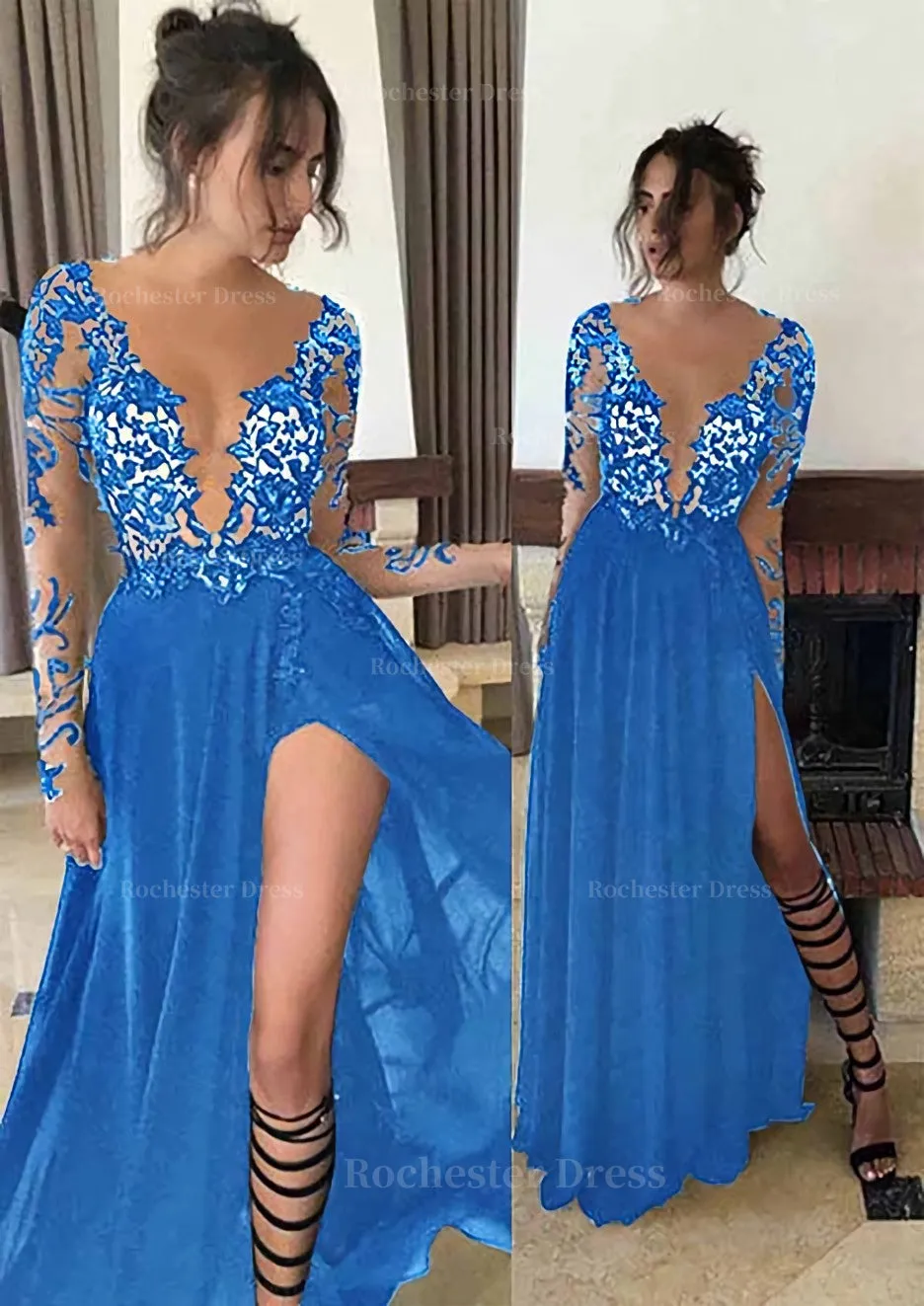 Chiffon Long/Floor-Length A-Line/Princess Full/Long Sleeve Bateau Zipper Up At Side Prom Dress With Appliqued