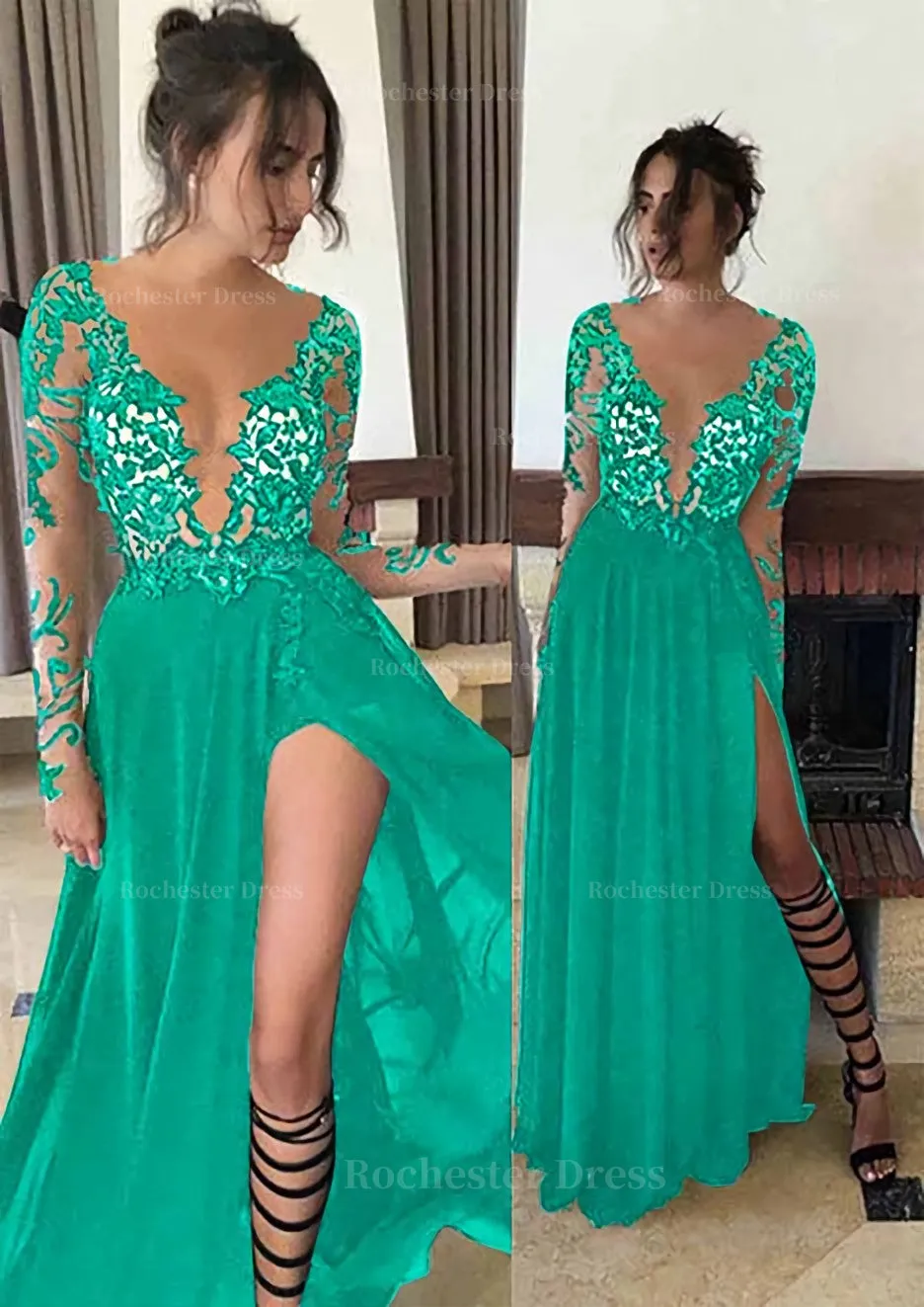 Chiffon Long/Floor-Length A-Line/Princess Full/Long Sleeve Bateau Zipper Up At Side Prom Dress With Appliqued