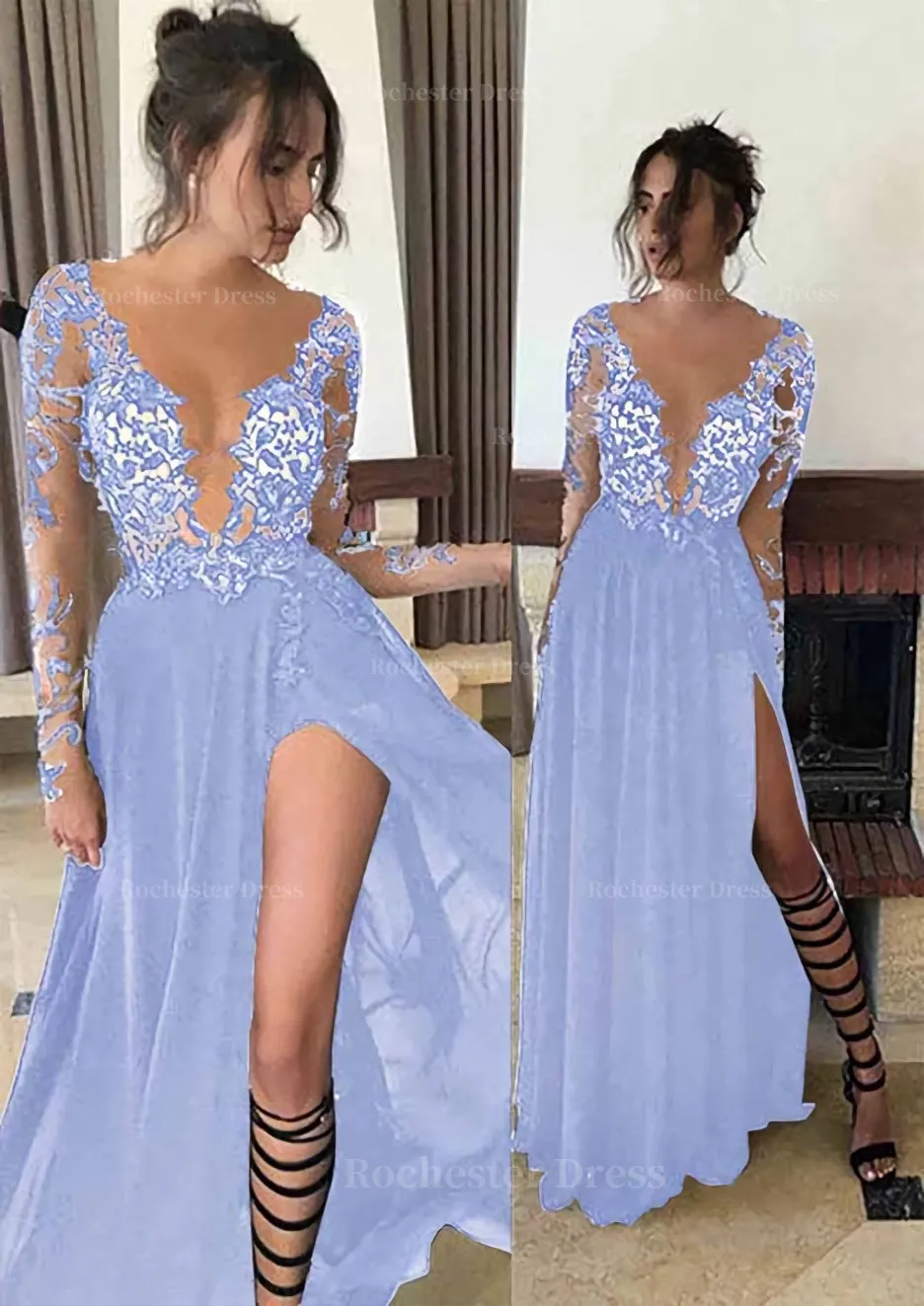 Chiffon Long/Floor-Length A-Line/Princess Full/Long Sleeve Bateau Zipper Up At Side Prom Dress With Appliqued