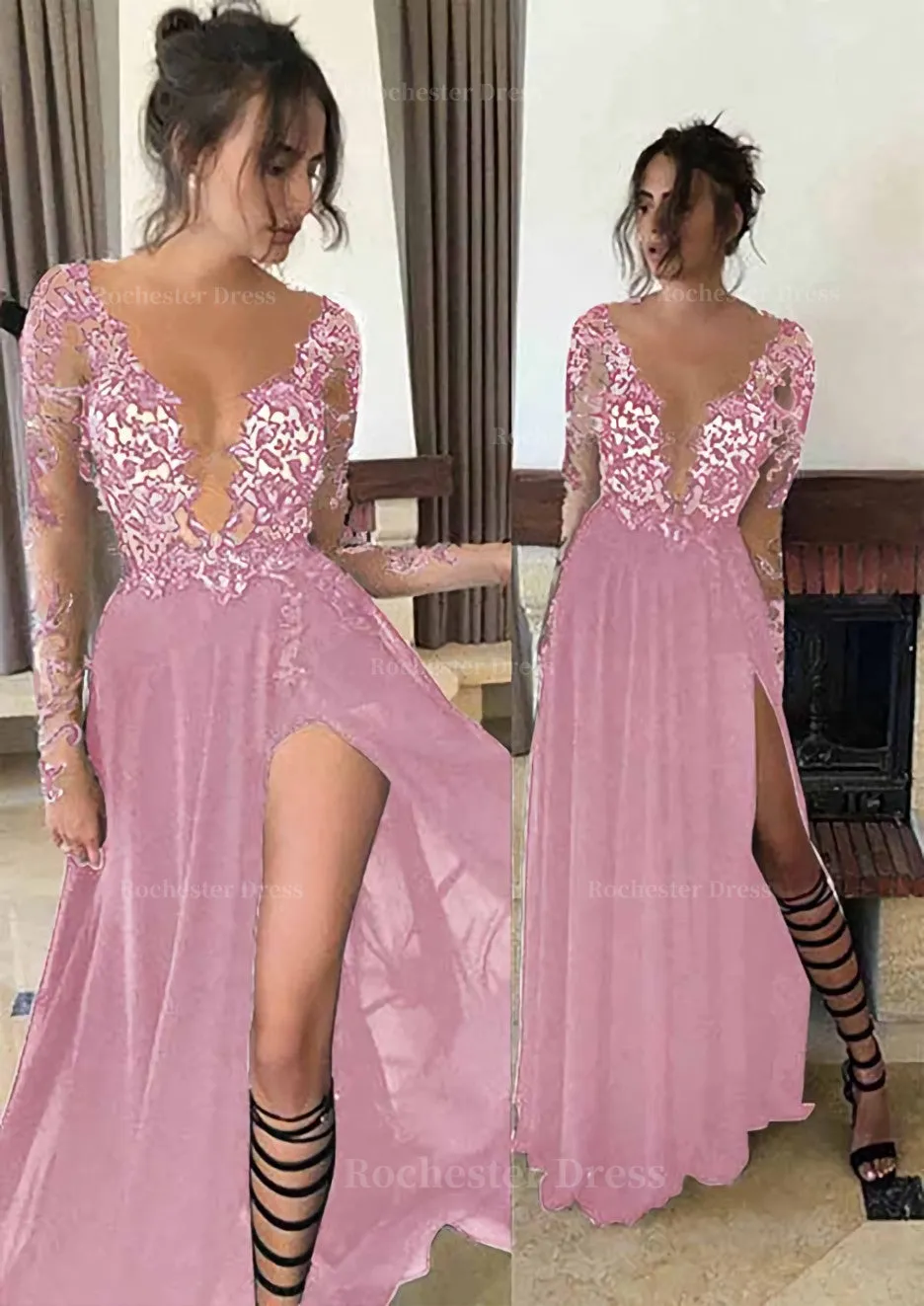 Chiffon Long/Floor-Length A-Line/Princess Full/Long Sleeve Bateau Zipper Up At Side Prom Dress With Appliqued