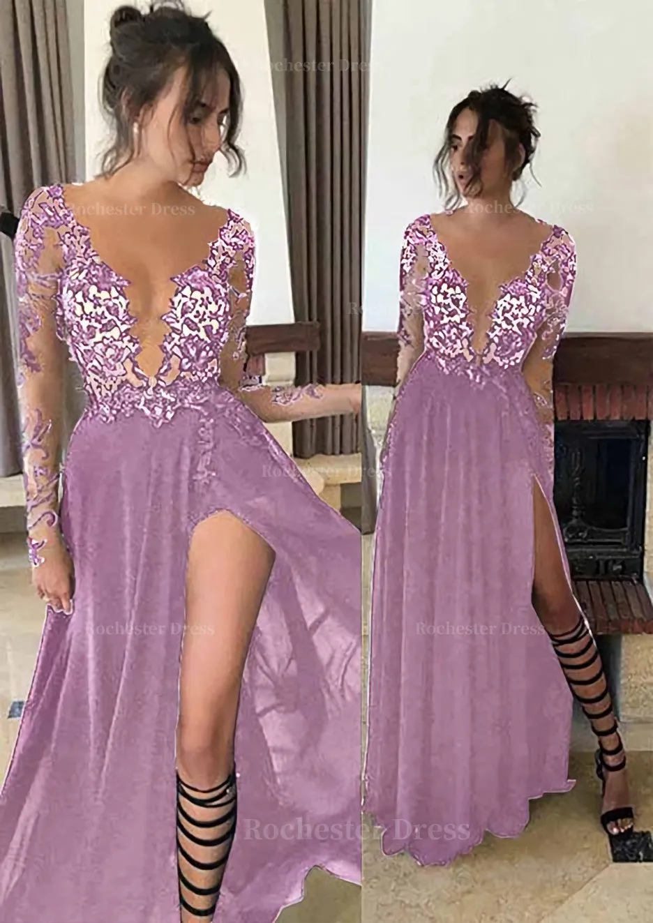 Chiffon Long/Floor-Length A-Line/Princess Full/Long Sleeve Bateau Zipper Up At Side Prom Dress With Appliqued