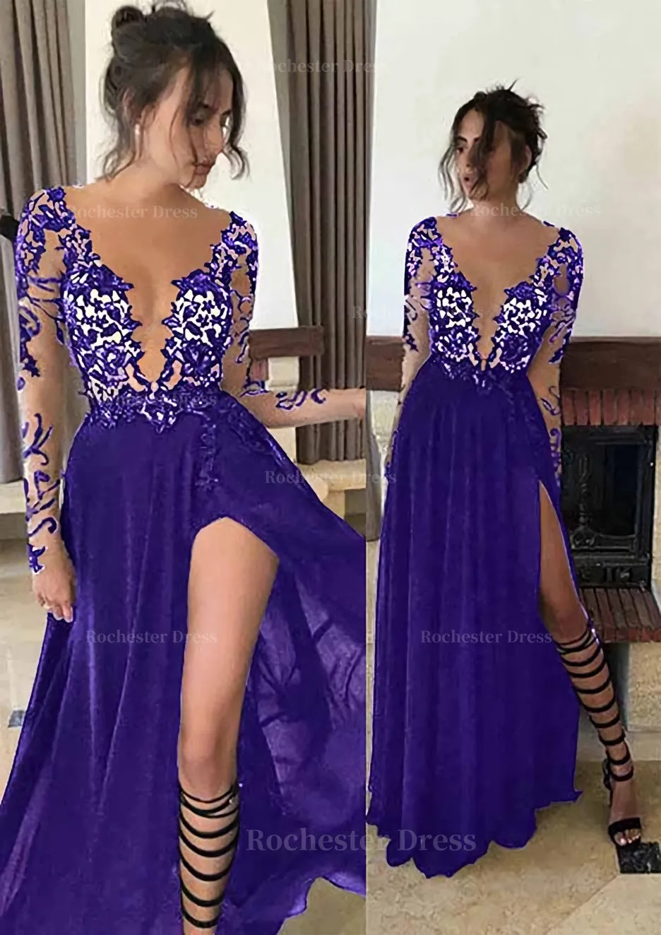 Chiffon Long/Floor-Length A-Line/Princess Full/Long Sleeve Bateau Zipper Up At Side Prom Dress With Appliqued