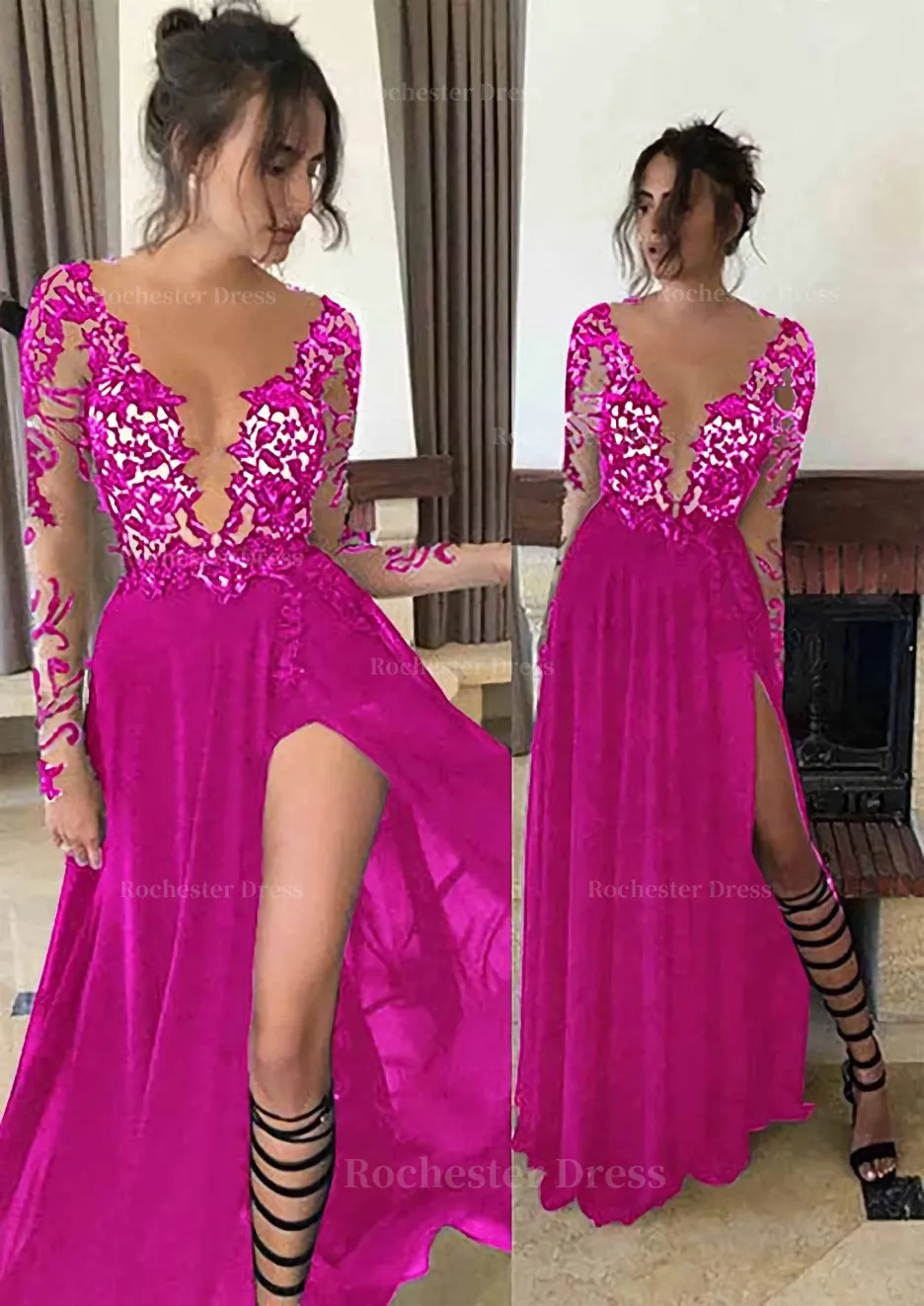 Chiffon Long/Floor-Length A-Line/Princess Full/Long Sleeve Bateau Zipper Up At Side Prom Dress With Appliqued