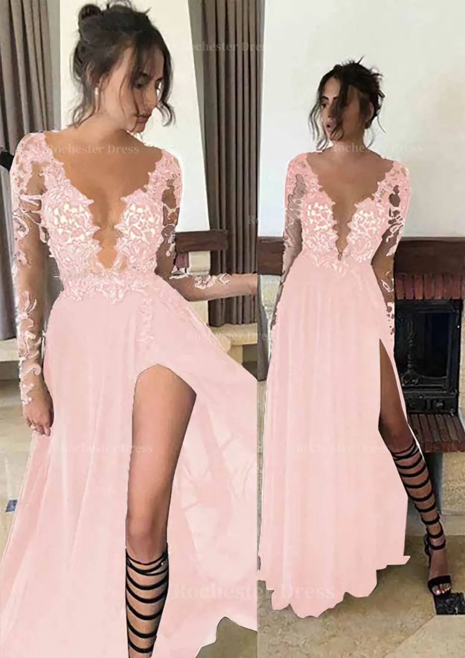 Chiffon Long/Floor-Length A-Line/Princess Full/Long Sleeve Bateau Zipper Up At Side Prom Dress With Appliqued