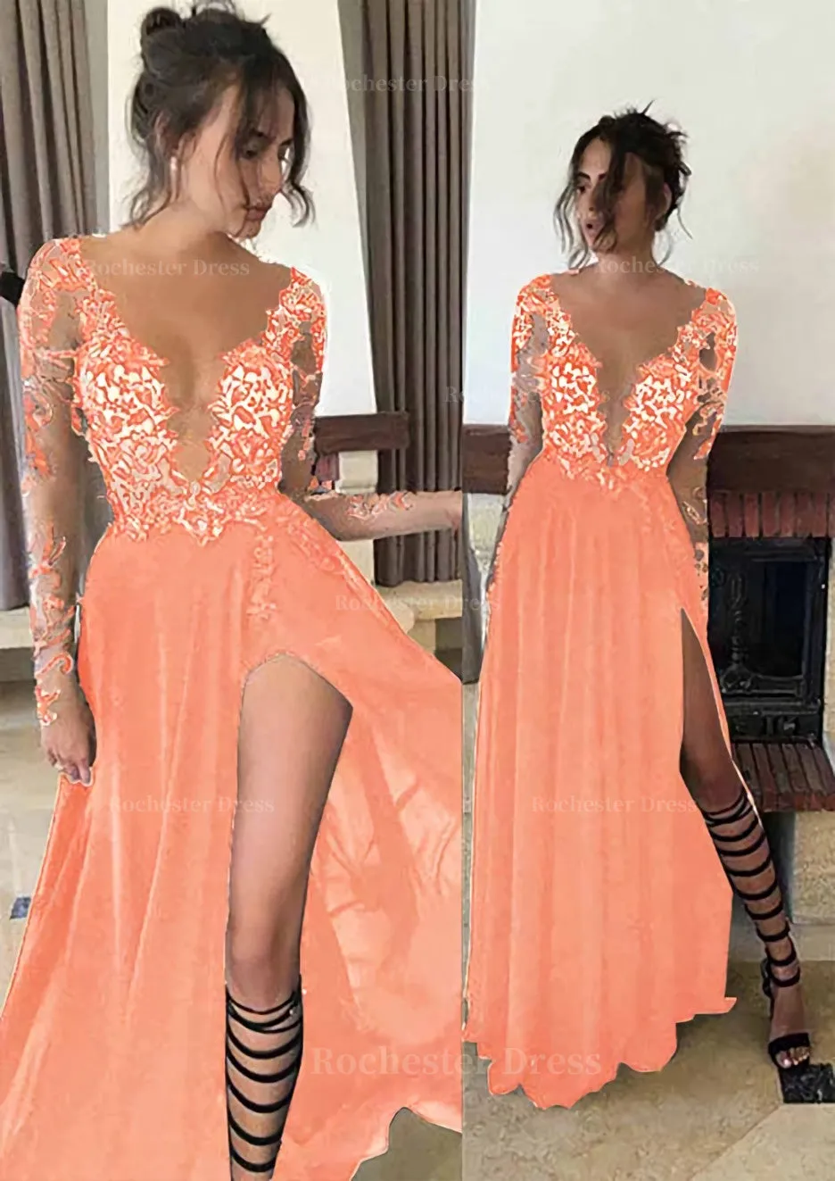 Chiffon Long/Floor-Length A-Line/Princess Full/Long Sleeve Bateau Zipper Up At Side Prom Dress With Appliqued