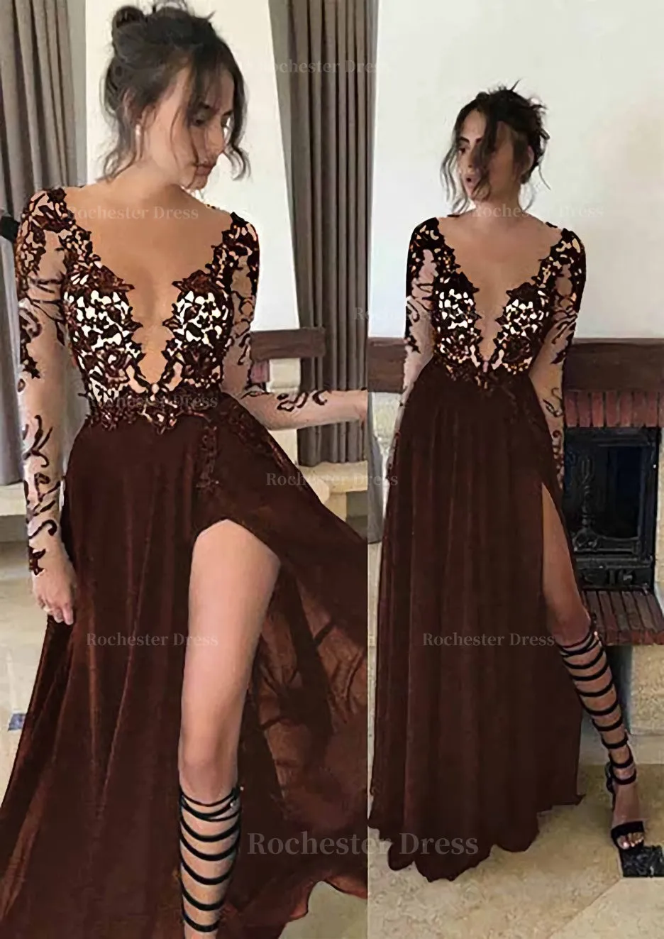 Chiffon Long/Floor-Length A-Line/Princess Full/Long Sleeve Bateau Zipper Up At Side Prom Dress With Appliqued