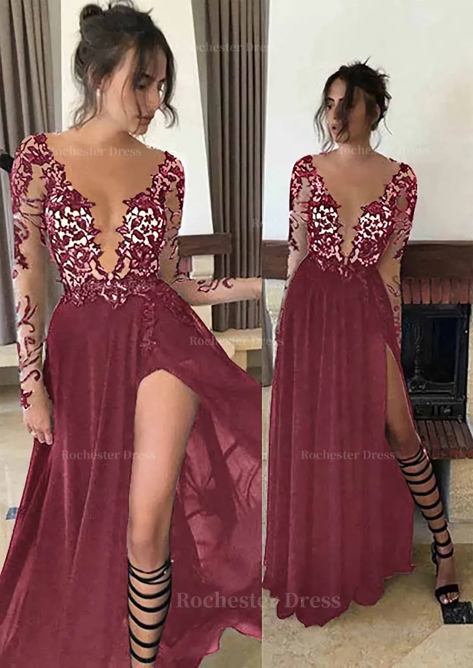Chiffon Long/Floor-Length A-Line/Princess Full/Long Sleeve Bateau Zipper Up At Side Prom Dress With Appliqued