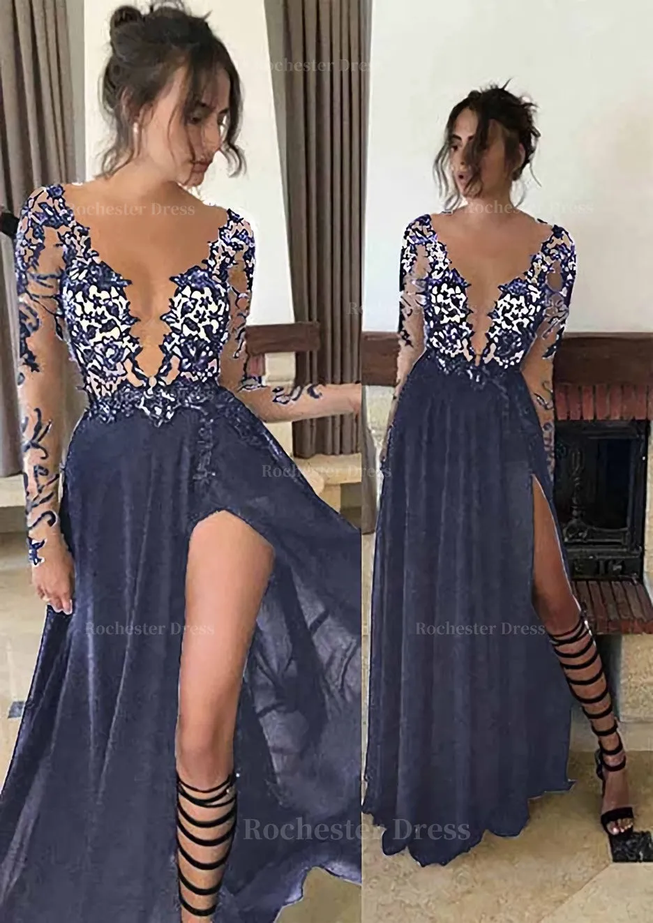 Chiffon Long/Floor-Length A-Line/Princess Full/Long Sleeve Bateau Zipper Up At Side Prom Dress With Appliqued