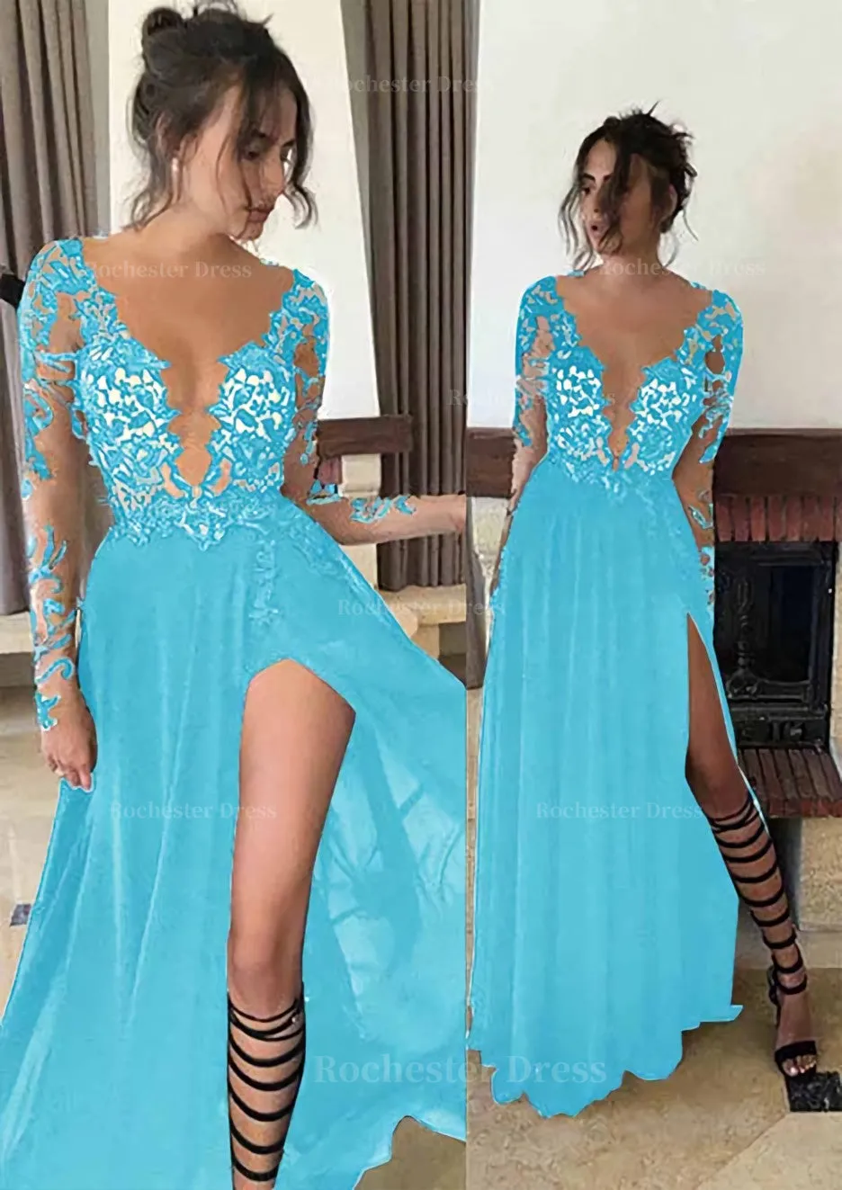 Chiffon Long/Floor-Length A-Line/Princess Full/Long Sleeve Bateau Zipper Up At Side Prom Dress With Appliqued