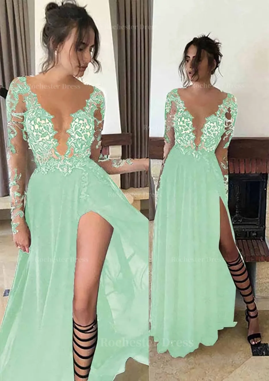 Chiffon Long/Floor-Length A-Line/Princess Full/Long Sleeve Bateau Zipper Up At Side Prom Dress With Appliqued
