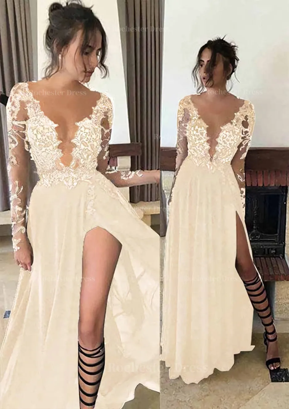 Chiffon Long/Floor-Length A-Line/Princess Full/Long Sleeve Bateau Zipper Up At Side Prom Dress With Appliqued