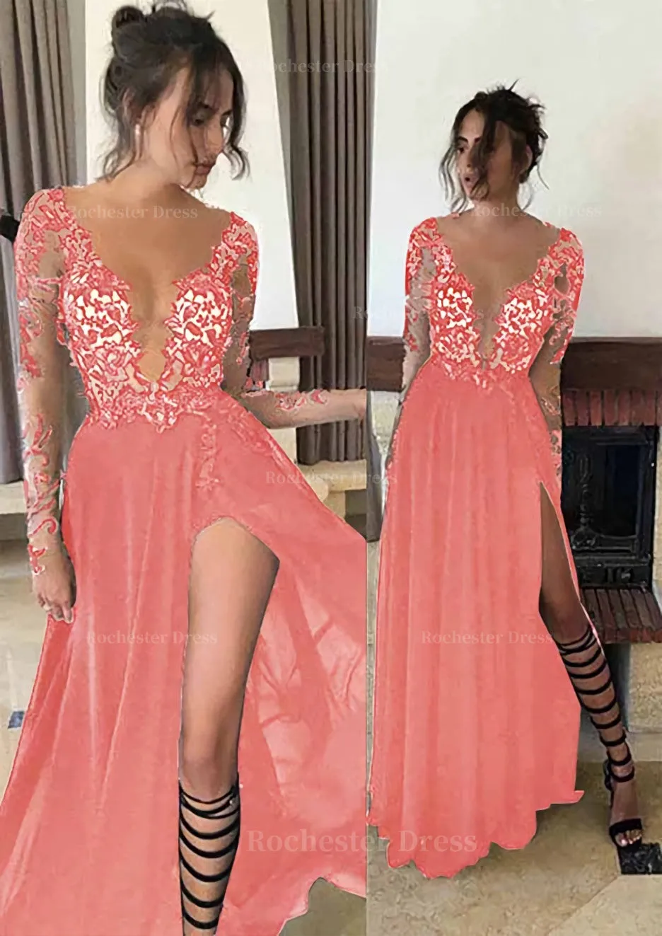 Chiffon Long/Floor-Length A-Line/Princess Full/Long Sleeve Bateau Zipper Up At Side Prom Dress With Appliqued