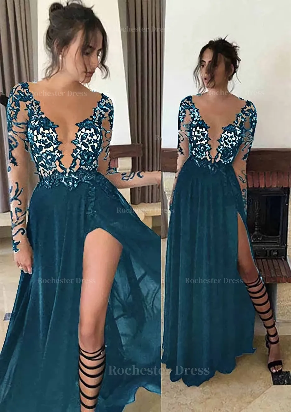 Chiffon Long/Floor-Length A-Line/Princess Full/Long Sleeve Bateau Zipper Up At Side Prom Dress With Appliqued