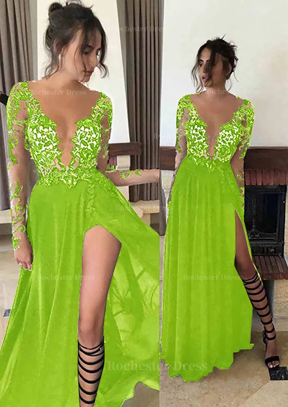 Chiffon Long/Floor-Length A-Line/Princess Full/Long Sleeve Bateau Zipper Up At Side Prom Dress With Appliqued