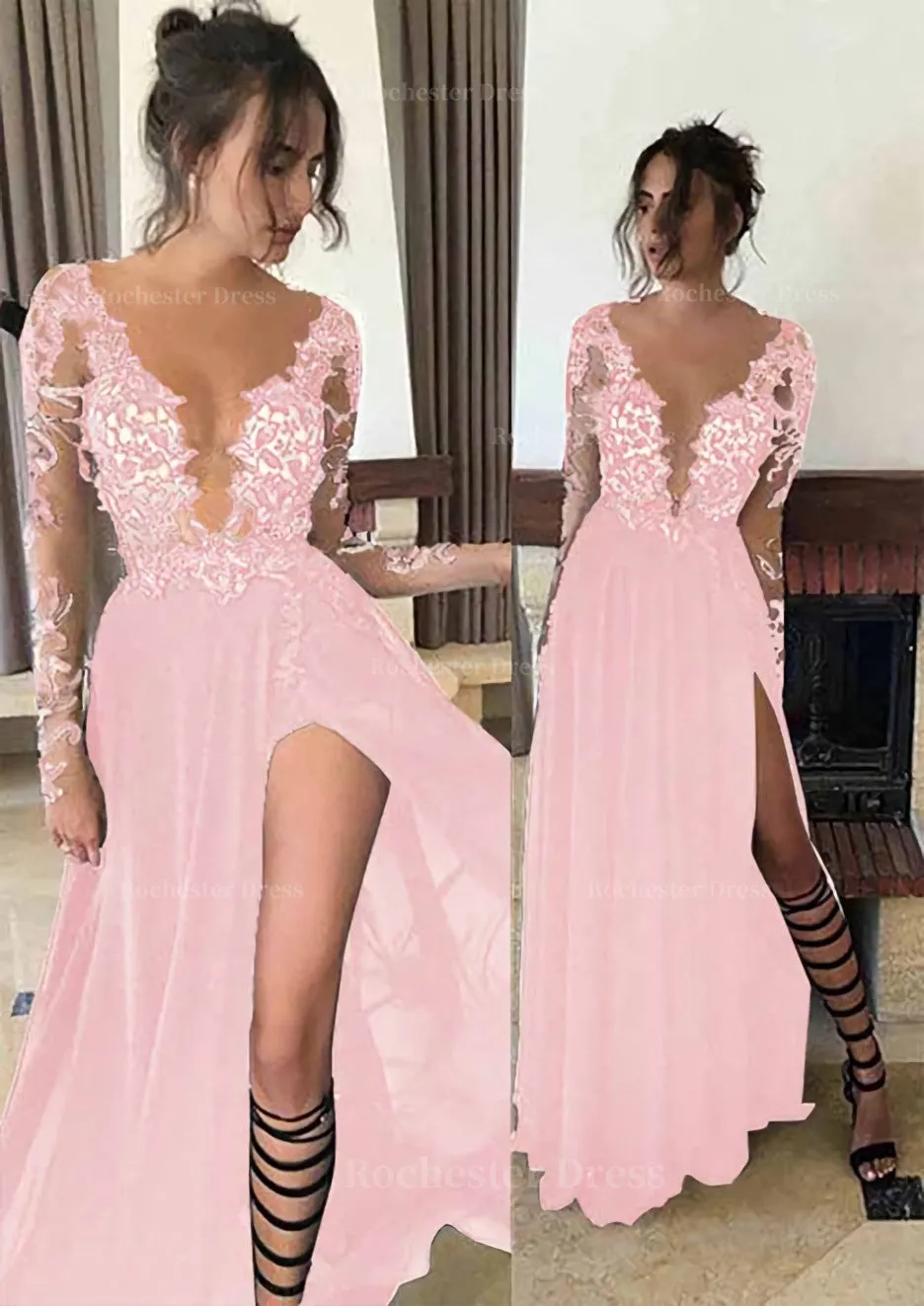 Chiffon Long/Floor-Length A-Line/Princess Full/Long Sleeve Bateau Zipper Up At Side Prom Dress With Appliqued