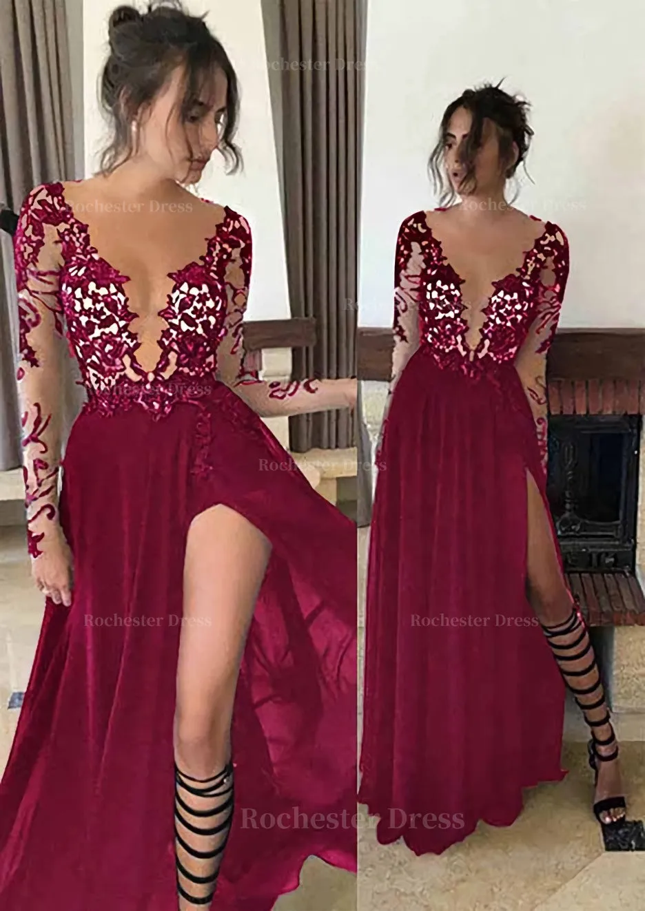 Chiffon Long/Floor-Length A-Line/Princess Full/Long Sleeve Bateau Zipper Up At Side Prom Dress With Appliqued