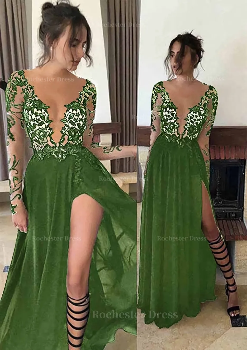 Chiffon Long/Floor-Length A-Line/Princess Full/Long Sleeve Bateau Zipper Up At Side Prom Dress With Appliqued