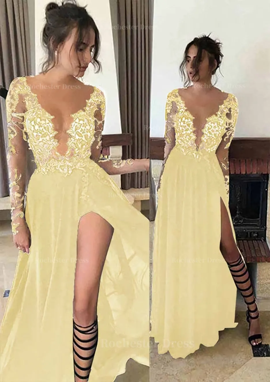 Chiffon Long/Floor-Length A-Line/Princess Full/Long Sleeve Bateau Zipper Up At Side Prom Dress With Appliqued