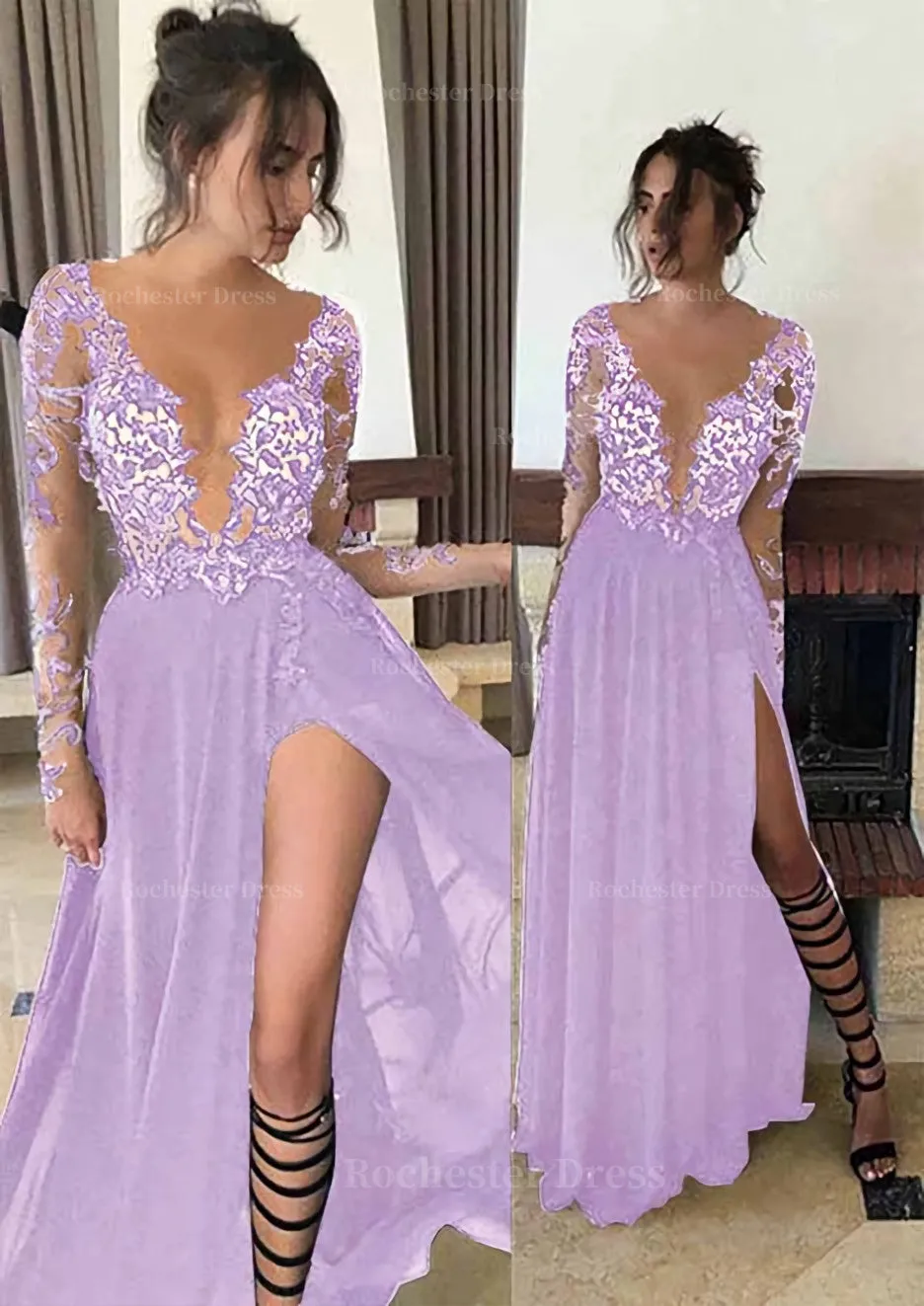 Chiffon Long/Floor-Length A-Line/Princess Full/Long Sleeve Bateau Zipper Up At Side Prom Dress With Appliqued