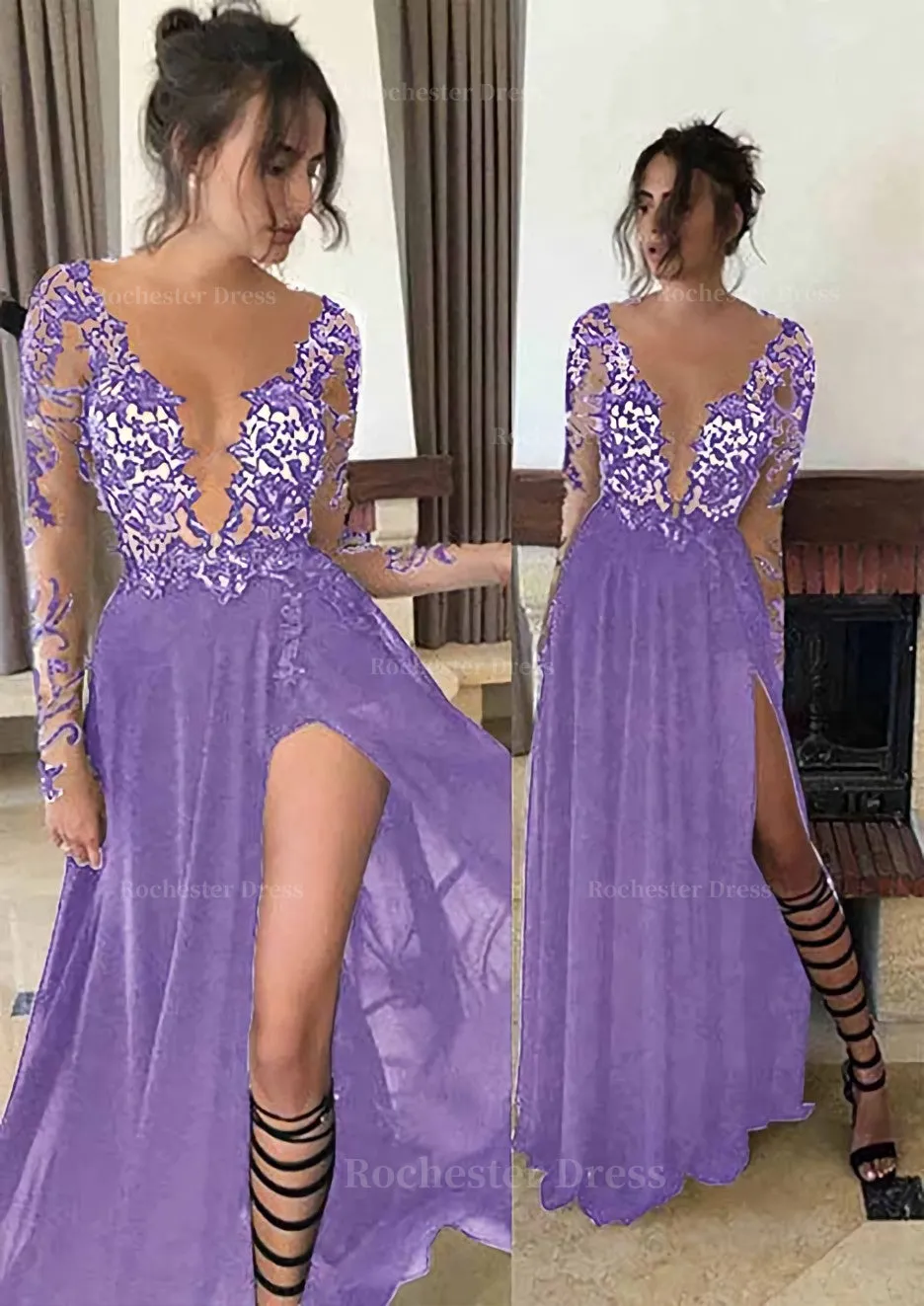 Chiffon Long/Floor-Length A-Line/Princess Full/Long Sleeve Bateau Zipper Up At Side Prom Dress With Appliqued