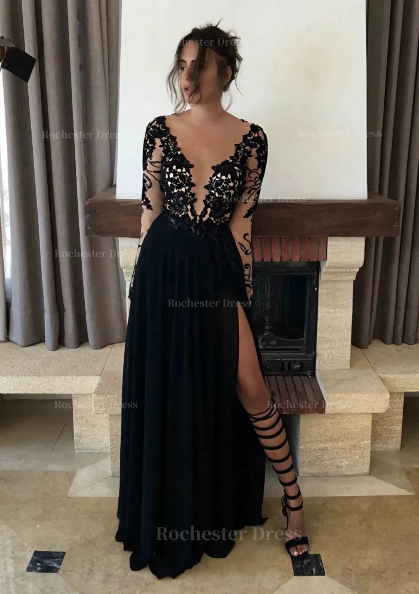 Chiffon Long/Floor-Length A-Line/Princess Full/Long Sleeve Bateau Zipper Up At Side Prom Dress With Appliqued