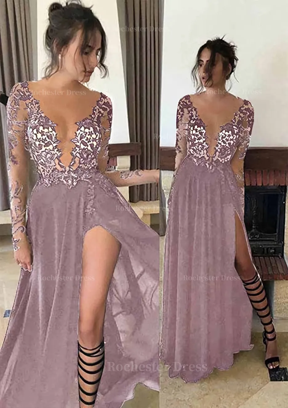 Chiffon Long/Floor-Length A-Line/Princess Full/Long Sleeve Bateau Zipper Up At Side Prom Dress With Appliqued