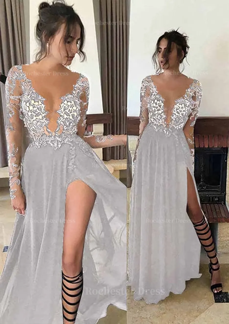 Chiffon Long/Floor-Length A-Line/Princess Full/Long Sleeve Bateau Zipper Up At Side Prom Dress With Appliqued