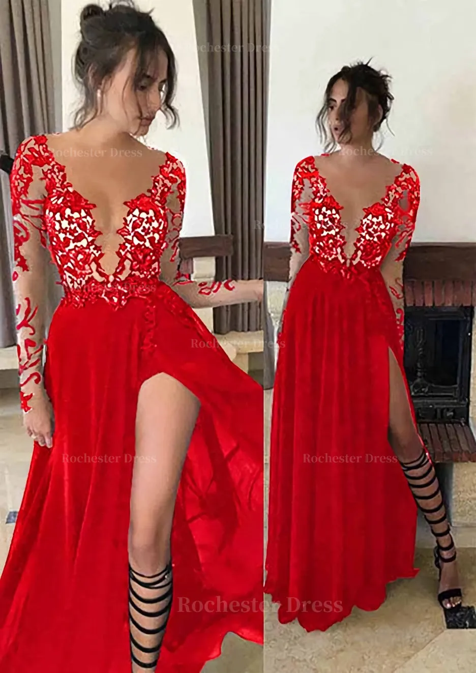 Chiffon Long/Floor-Length A-Line/Princess Full/Long Sleeve Bateau Zipper Up At Side Prom Dress With Appliqued