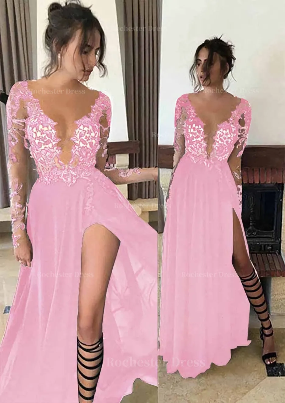 Chiffon Long/Floor-Length A-Line/Princess Full/Long Sleeve Bateau Zipper Up At Side Prom Dress With Appliqued