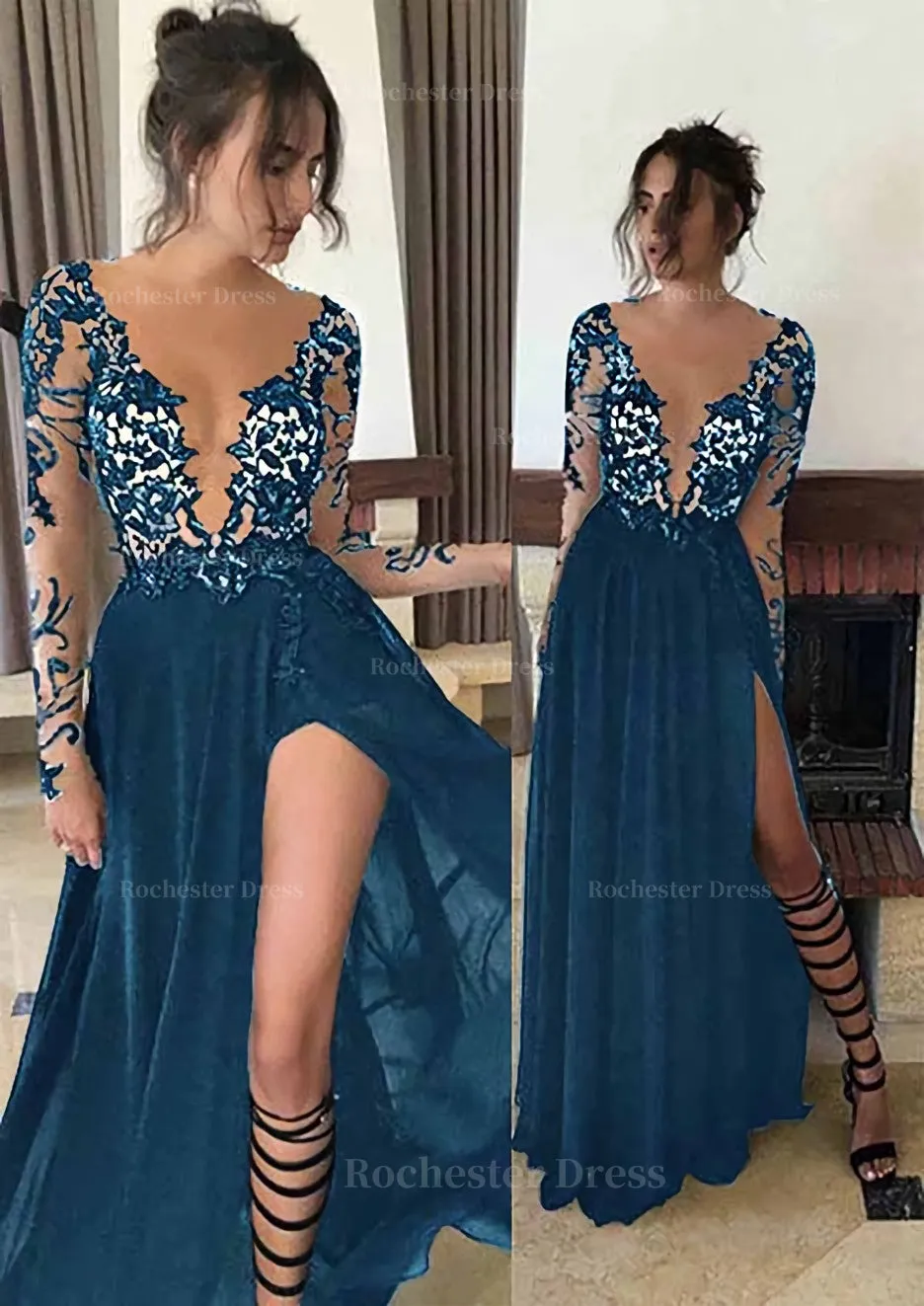 Chiffon Long/Floor-Length A-Line/Princess Full/Long Sleeve Bateau Zipper Up At Side Prom Dress With Appliqued