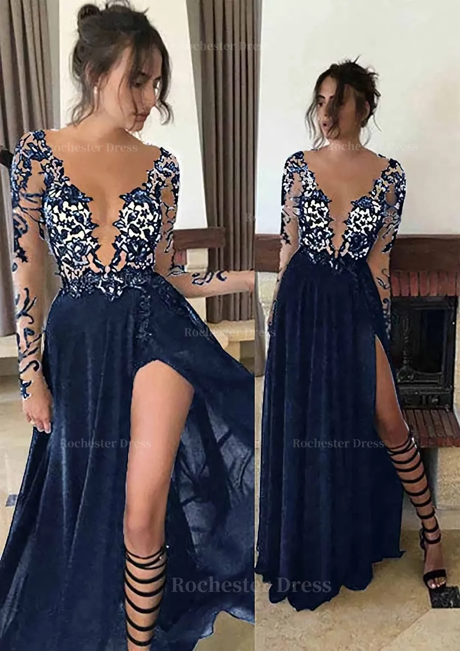 Chiffon Long/Floor-Length A-Line/Princess Full/Long Sleeve Bateau Zipper Up At Side Prom Dress With Appliqued
