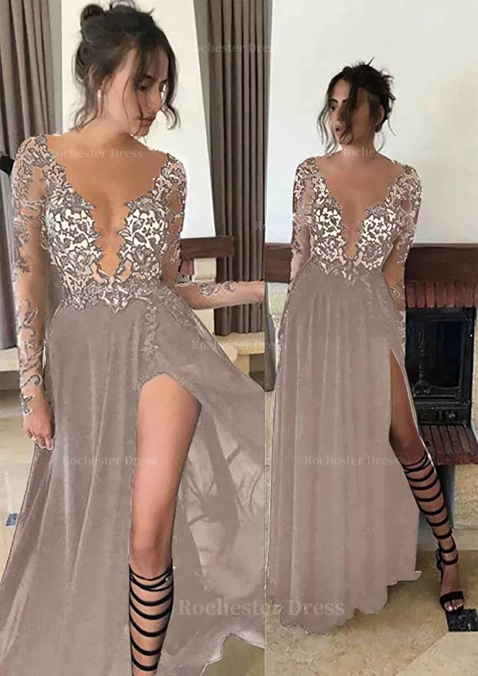 Chiffon Long/Floor-Length A-Line/Princess Full/Long Sleeve Bateau Zipper Up At Side Prom Dress With Appliqued