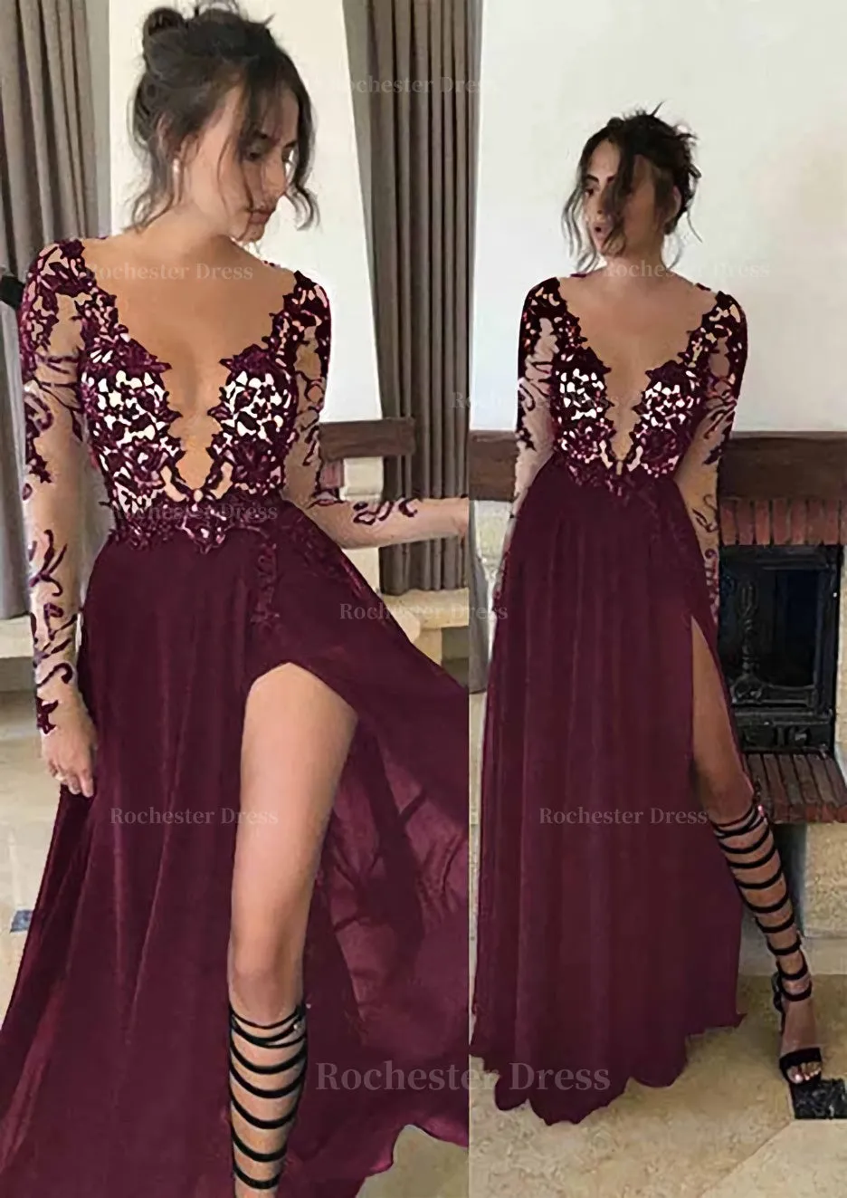 Chiffon Long/Floor-Length A-Line/Princess Full/Long Sleeve Bateau Zipper Up At Side Prom Dress With Appliqued